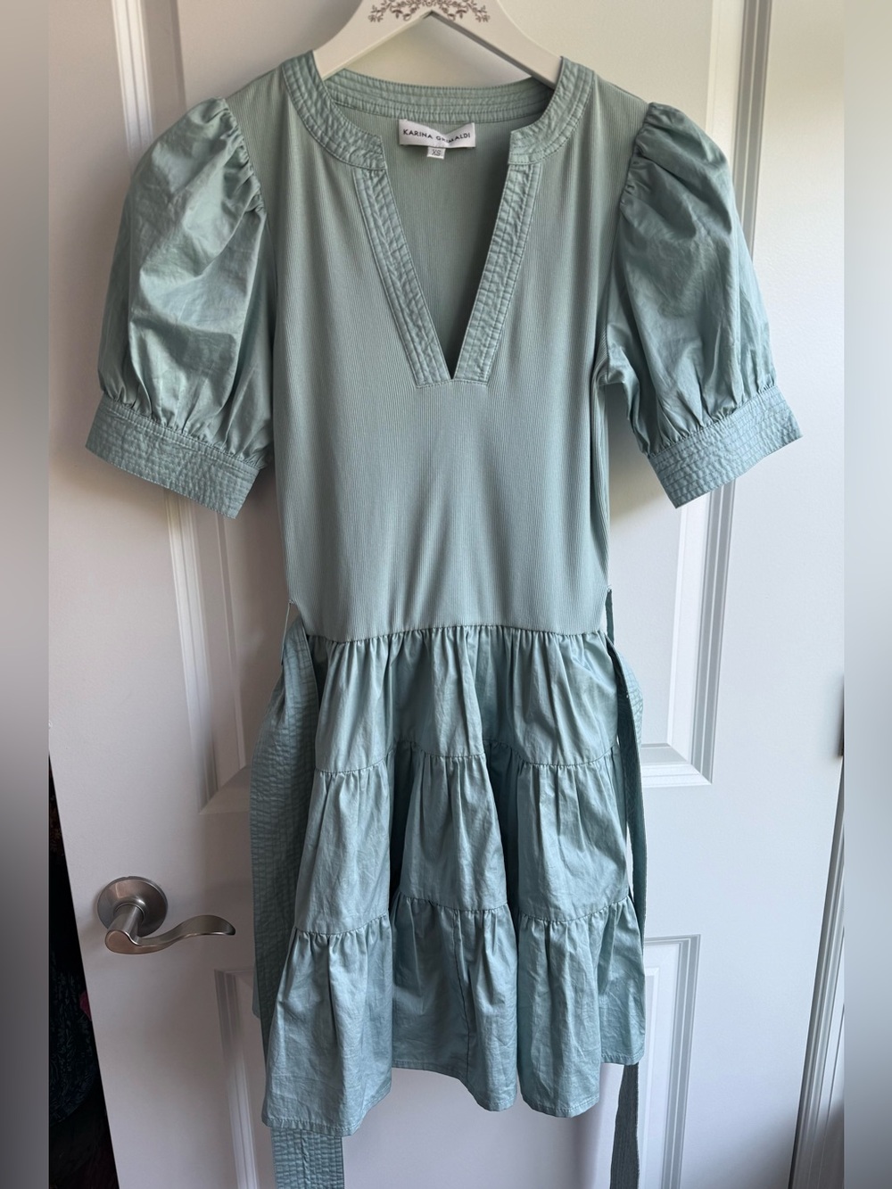 Karina Grimaldi Puff Sleeve Tiered Mini Dress Summer Cottagecore Vacation XS